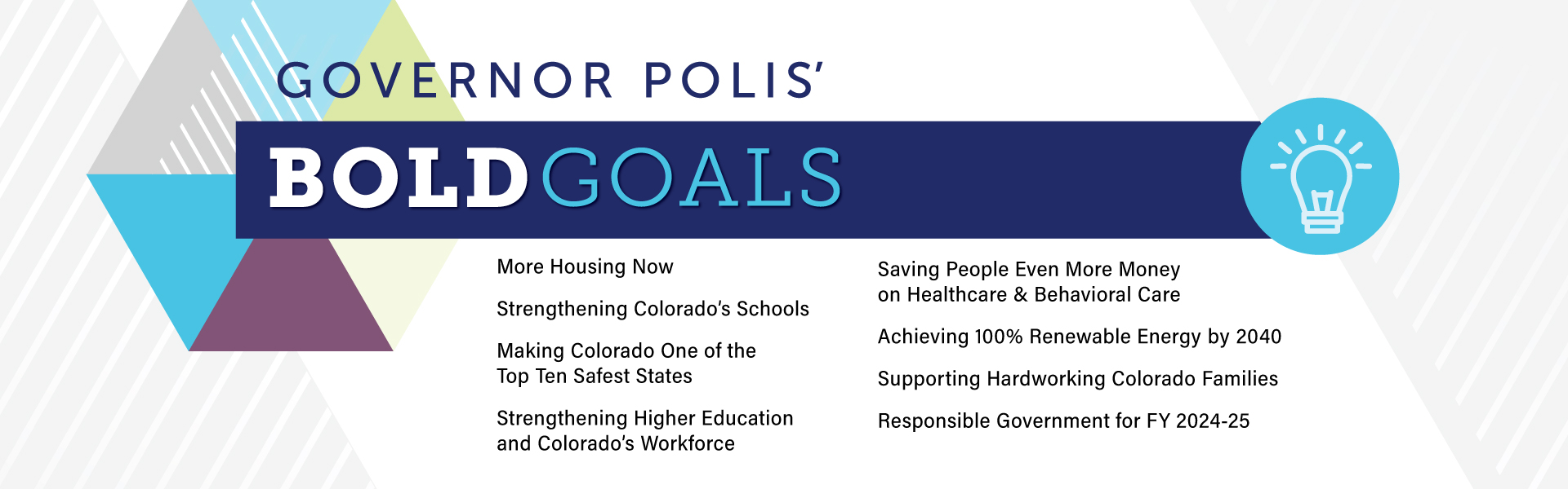 Governor Polis' Bold Goals: More Housing Now, Strengthening Colorado's Schools, Making Colorado One of the Top Ten Safest States, Strengthening Higher Education and Colorado's Workforce, Saving People Even More Money on Healthcare and Behavioral care, Achieving 100% Renewable Energy by 2040, Supporting Hardworking Colorado Families, Responsible Government for Fiscal Year 2024 to 2025